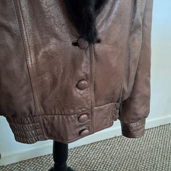 Women's Leather Fur Bomber Coat Large L Brown Mink Fur Vintage Reversible Luxury - Picture 7 of 13